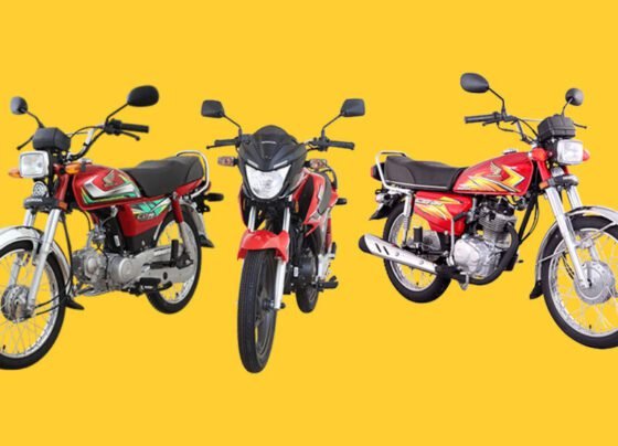 Showcase of Honda Prices and Honda's latest motorcycle range in Pakistan, displayed in a dealership with various models lined up.