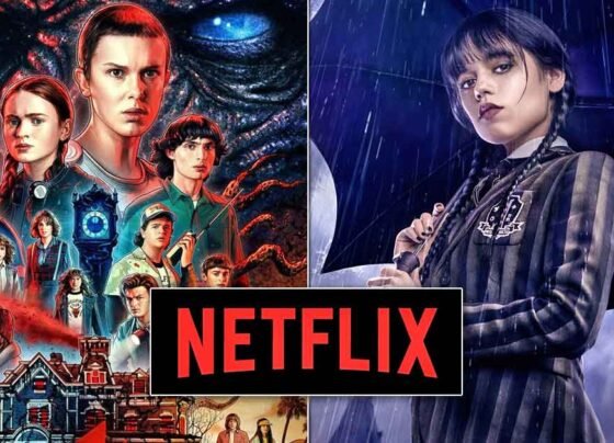 Image featuring characters from "Stranger Things" and "Wednesday" from Netflix