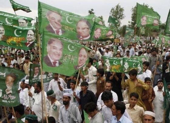 PML-N supporters waving flags and cheering in a large gathering, celebrating their electoral victory with enthusiasm.