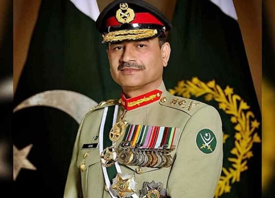 Portrait of Asim Munir, dressed in military uniform, displaying his rank insignia and decorations.