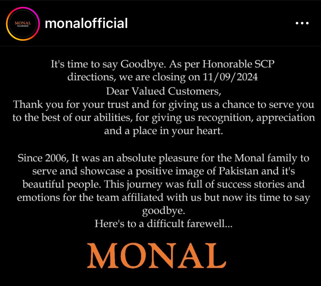 Monal Islamabad permanent closure announcement 